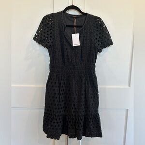 Quince Organic Cotton Eyelet Mini Tiered Dress Pockets Black M NWT